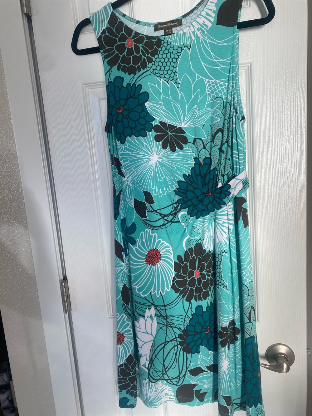 Tommy Bahama Teal and Black Floral Tank Dress With Ruching Waistline Sz M - Picture 4 of 13